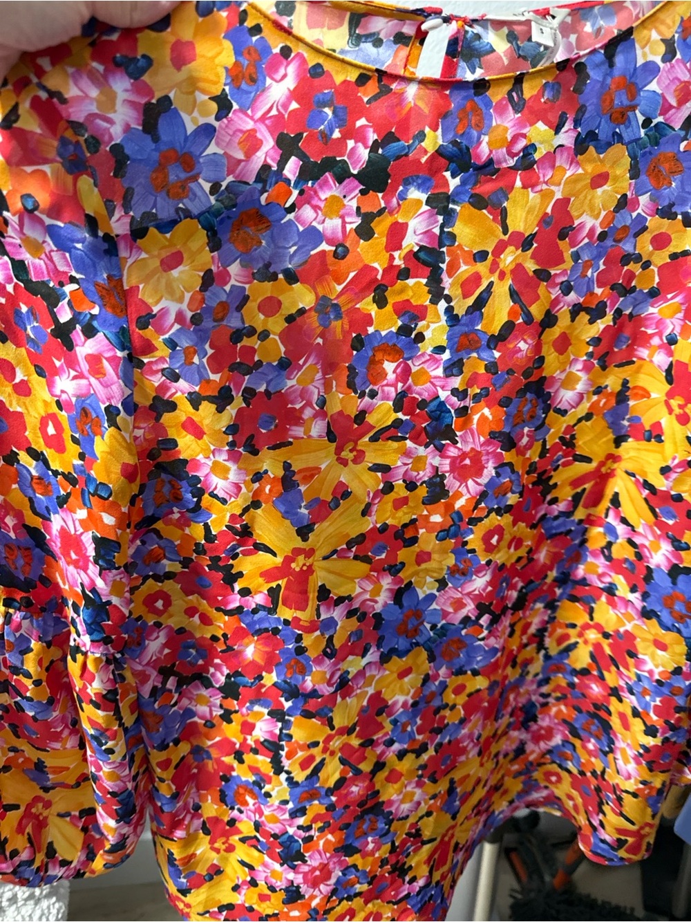 Tyler Boe Vibrant Floral Blouse in Yellow, Pink & Blue 100 percent silk
